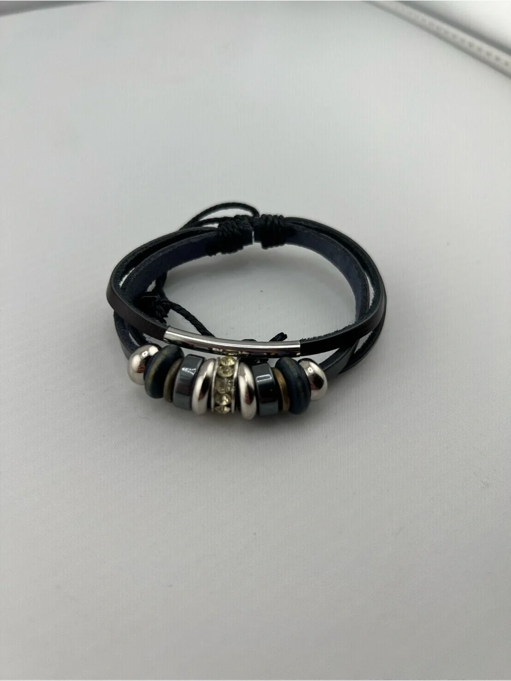Black Leather Multi Strand Bracelet Silver Bead Rhinestone Accent Unisex
